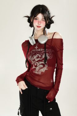 American-Style Red Off-Shoulder Mesh Cover-Up Two-Piece Set for Women - Sweet & Spicy Spring/Summer Sun Protection Long Sleeve Top