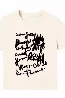 American Style Slim-Fit Short T-Shirt for Women - Summer Graffiti Print, Stretchy, Flattering Shoulder Top