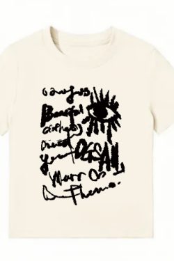 American Style Slim-Fit Short T-Shirt for Women - Summer Graffiti Print, Stretchy, Flattering Shoulder Top