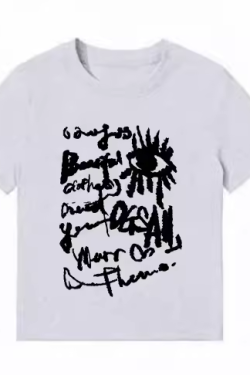 American Style Slim-Fit Short T-Shirt for Women - Summer Graffiti Print, Stretchy, Flattering Shoulder Top