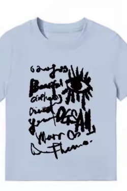 American Style Slim-Fit Short T-Shirt for Women - Summer Graffiti Print, Stretchy, Flattering Shoulder Top