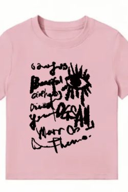 American Style Slim-Fit Short T-Shirt for Women - Summer Graffiti Print, Stretchy, Flattering Shoulder Top