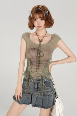 American Style Spicy Girl Heavy Lace Splicing Short Sleeve T-Shirt for Women - Summer Slim Fit Top in Trendy Y2K Fashion