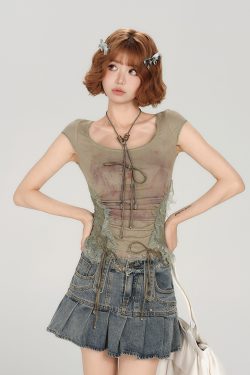 American Style Spicy Girl Heavy Lace Splicing Short Sleeve T-Shirt for Women - Summer Slim Fit Top in Trendy Y2K Fashion