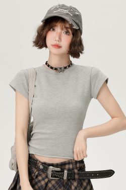 American-Style Spicy Girl Short Sleeve T-Shirt for Women - Summer Basic Round Neck Slim Fit Solid Color Top