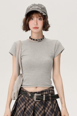 American-Style Spicy Girl Short Sleeve T-Shirt for Women - Summer Basic Round Neck Slim Fit Solid Color Top