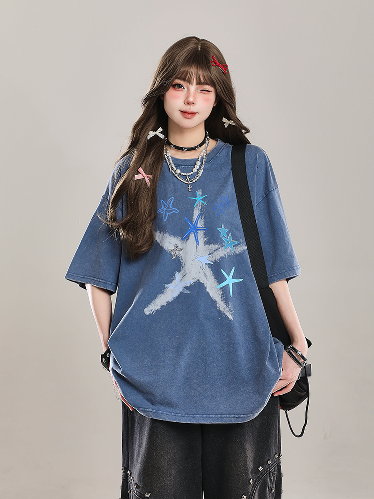 American Style Star Short-Sleeve T-Shirt for Girls - Unique Summer Casual Loose Fit Half-Sleeve Top American Style Star Short-Sleeve T-Shirt for Girls - Unique Summer Casual Loose Fit Half-Sleeve Top
