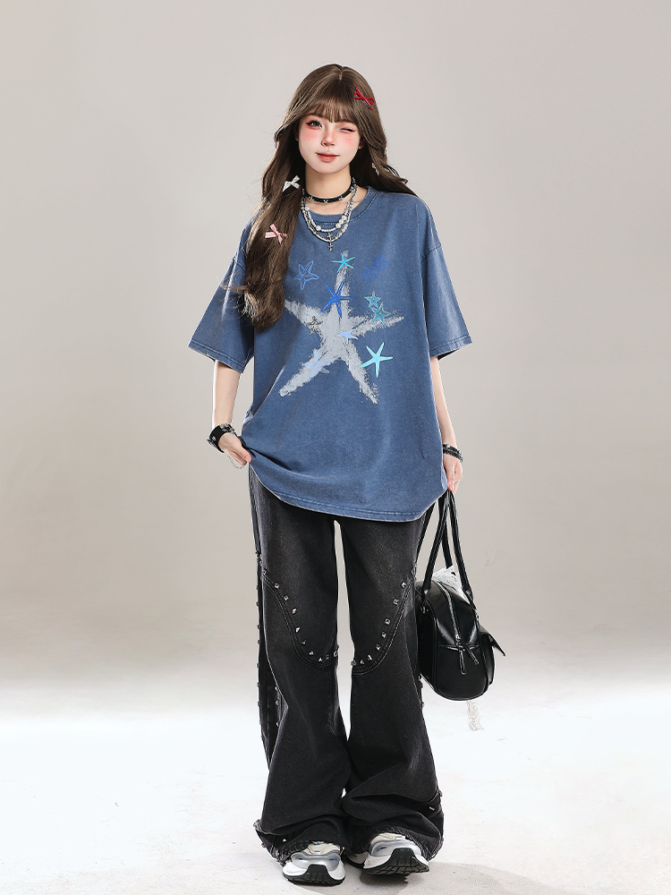 American Style Star Short-Sleeve T-Shirt for Girls - Unique Summer Casual Loose Fit Half-Sleeve Top American Style Star Short-Sleeve T-Shirt for Girls - Unique Summer Casual Loose Fit Half-Sleeve Top