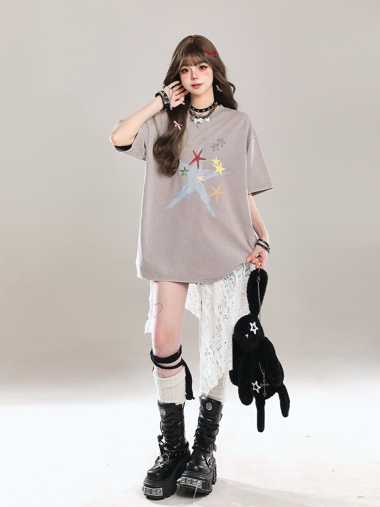 American Style Star Short-Sleeve T-Shirt for Girls - Unique Summer Casual Loose Fit Half-Sleeve Top American Style Star Short-Sleeve T-Shirt for Girls - Unique Summer Casual Loose Fit Half-Sleeve Top