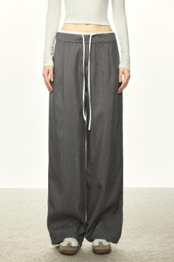 American-Style Striped Faux Two-Piece Suit Pants for Women - Loose Wide-Leg Casual Trousers for Spring and Autumn Fashion