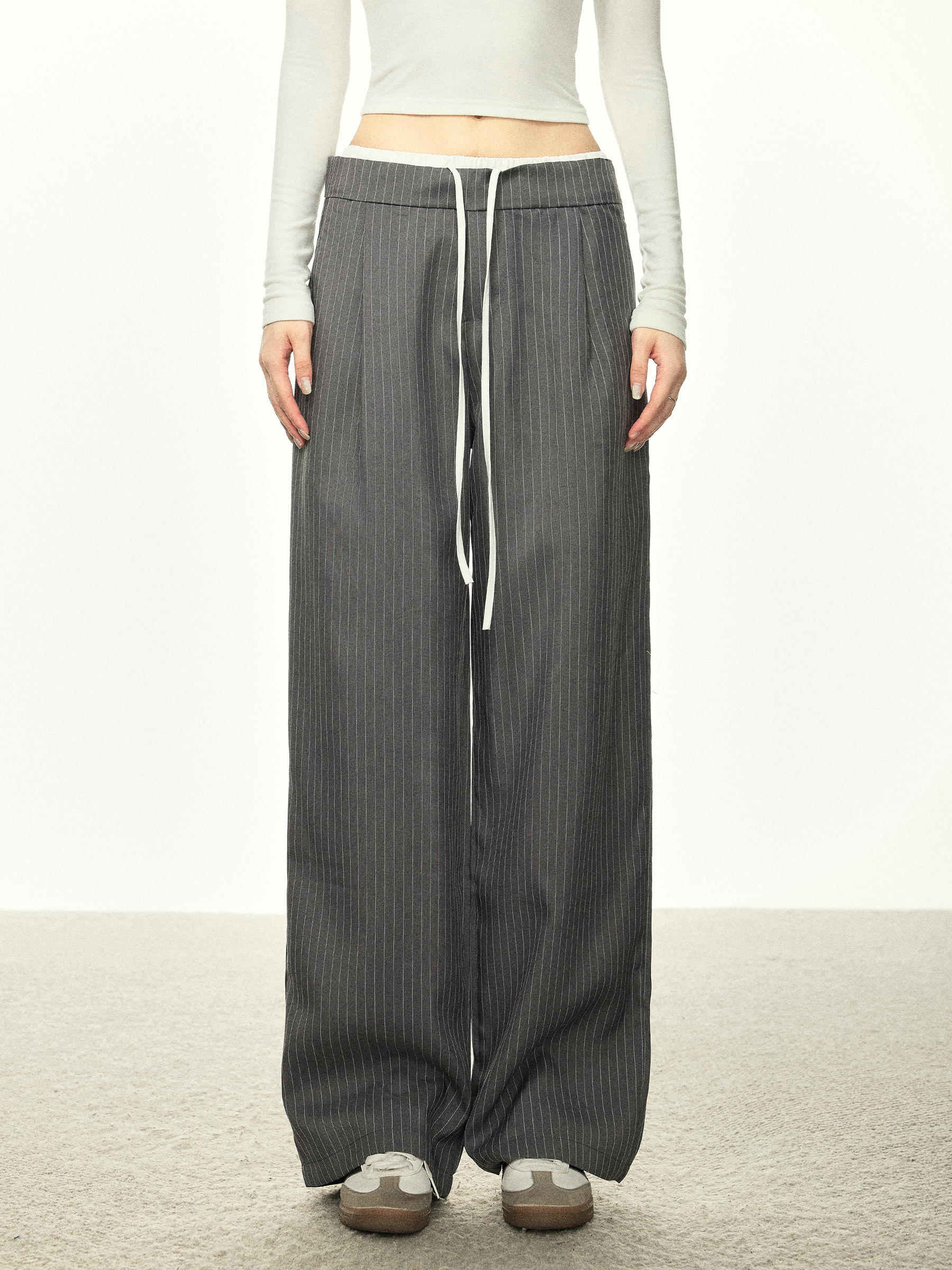 American-Style Striped Faux Two-Piece Suit Pants for Women - Loose Wide-Leg Casual Trousers for Spring and Autumn Fashion American-Style Striped Faux Two-Piece Suit Pants for Women - Loose Wide-Leg Casual Trousers for Spring and Autumn Fashion