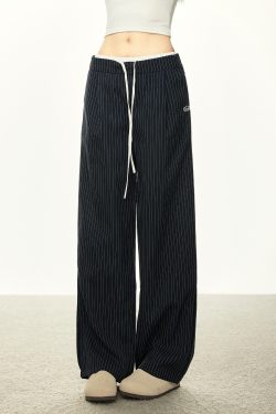 American-Style Striped Faux Two-Piece Suit Pants for Women - Loose Wide-Leg Casual Trousers for Spring and Autumn Fashion