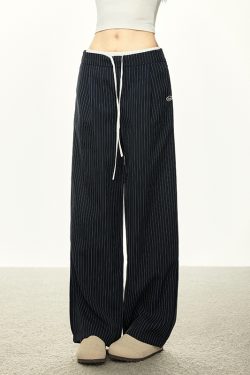 American-Style Striped Faux Two-Piece Suit Pants for Women - Loose Wide-Leg Casual Trousers for Spring and Autumn Fashion