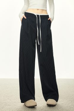 American-Style Striped Faux Two-Piece Suit Pants for Women - Loose Wide-Leg Casual Trousers for Spring and Autumn Fashion