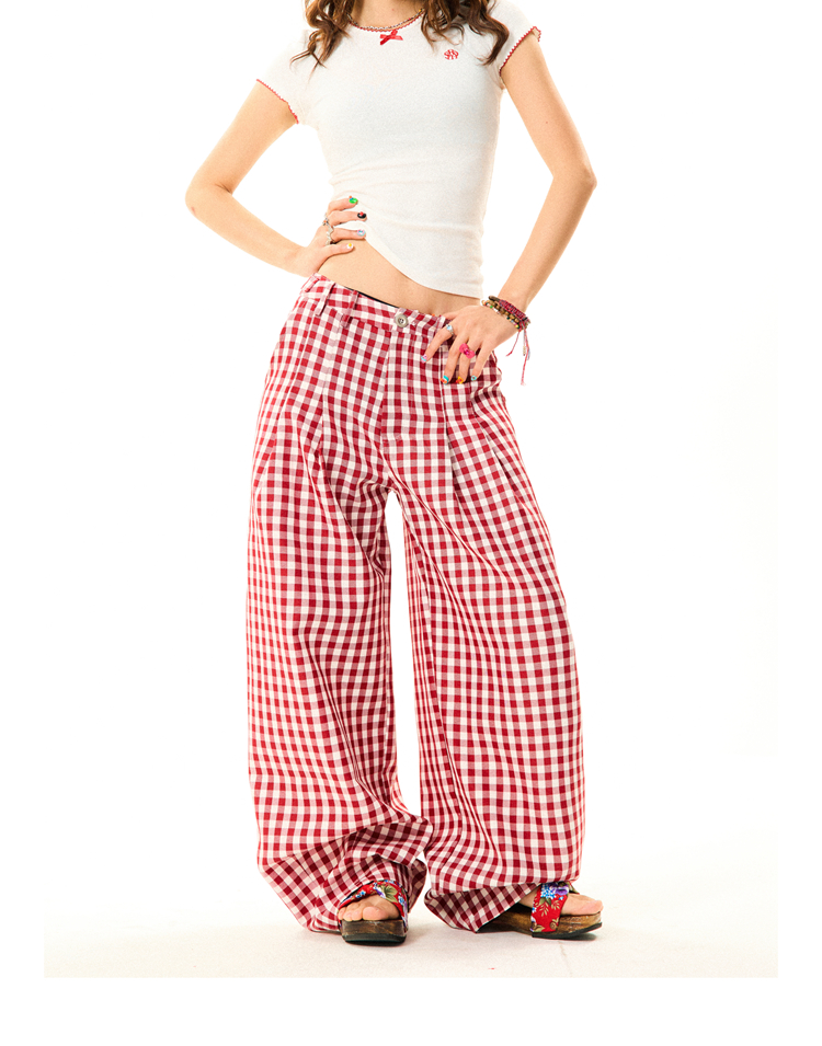 American Sweetheart Red Plaid Wide-Leg Casual Pants for Women - Relaxed Loose Versatile Trousers, Perfect for Y2K and Everyday Style American Sweetheart Red Plaid Wide-Leg Casual Pants for Women - Relaxed Loose Versatile Trousers, Perfect for Y2K and Everyday Style