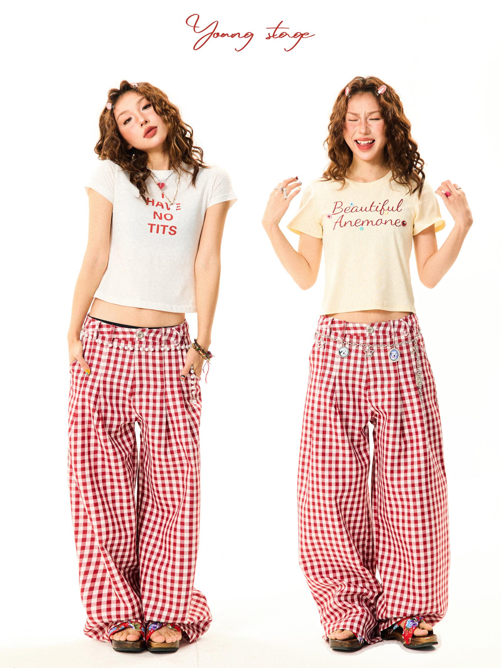 American Sweetheart Red Plaid Wide-Leg Casual Pants for Women - Relaxed Loose Versatile Trousers, Perfect for Y2K and Everyday Style American Sweetheart Red Plaid Wide-Leg Casual Pants for Women - Relaxed Loose Versatile Trousers, Perfect for Y2K and Everyday Style