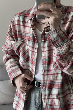 American Vintage Brushed Plaid Long Sleeve Shirt for Men & Women - Casual Loose Fit Unisex Jacket for Spring & Autumn Trends