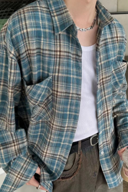 American Vintage Brushed Plaid Long Sleeve Shirt for Men & Women - Casual Loose Fit Unisex Jacket for Spring & Autumn Trends