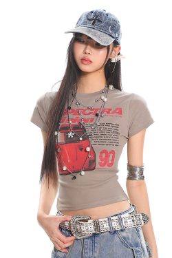 American Vintage Car Print Women's Summer Slim Fit Short Sleeve T-Shirt - High Elastic, Comfortable, Retro Style