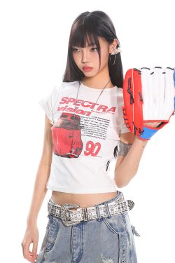 American Vintage Car Print Women's Summer Slim Fit Short Sleeve T-Shirt - High Elastic, Comfortable, Retro Style