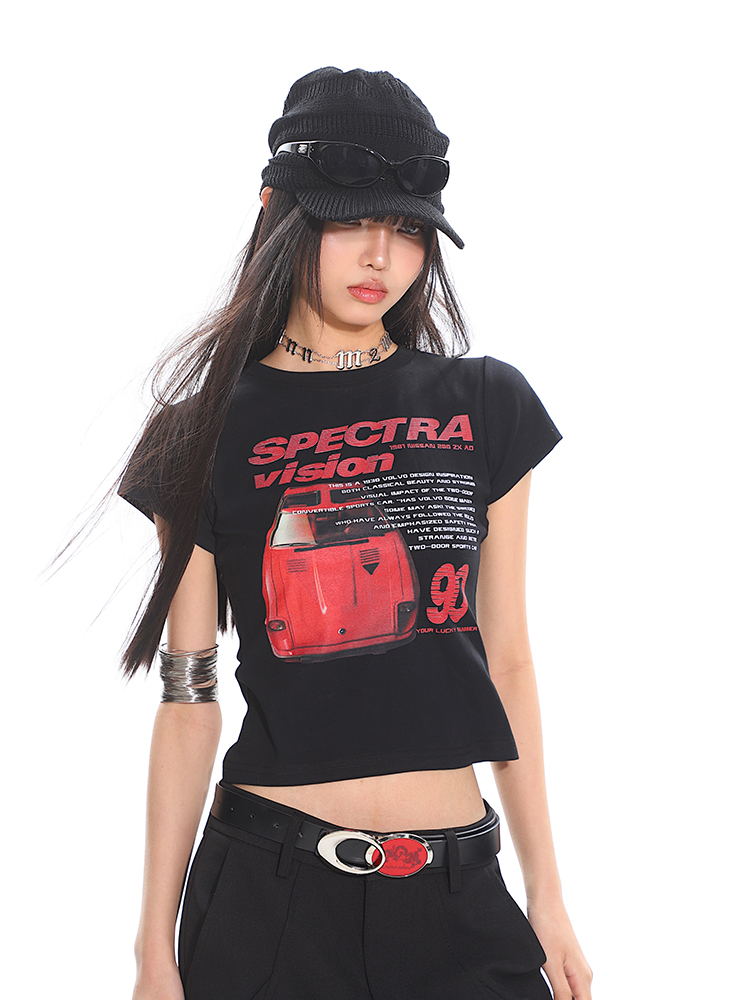 American Vintage Car Print Women's Summer Slim Fit Short Sleeve T-Shirt - High Elastic, Comfortable, Retro Style American Vintage Car Print Women's Summer Slim Fit Short Sleeve T-Shirt - High Elastic, Comfortable, Retro Style