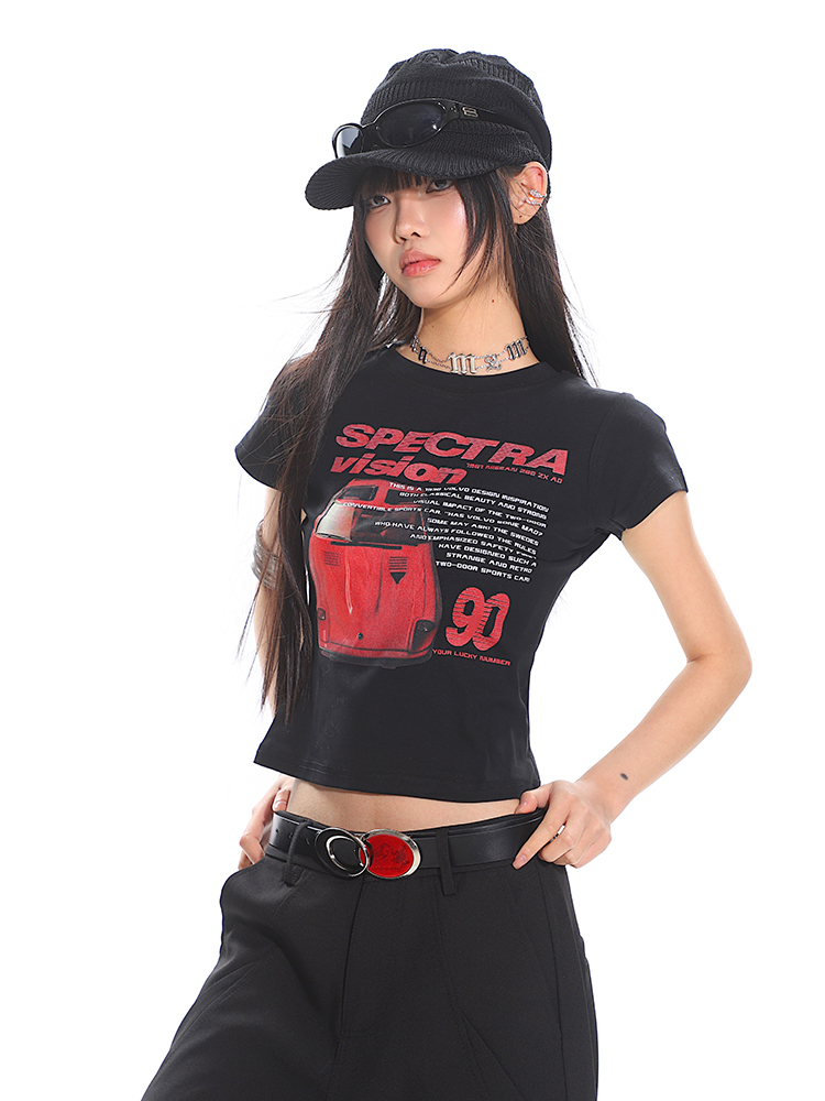 American Vintage Car Print Women's Summer Slim Fit Short Sleeve T-Shirt - High Elastic, Comfortable, Retro Style American Vintage Car Print Women's Summer Slim Fit Short Sleeve T-Shirt - High Elastic, Comfortable, Retro Style