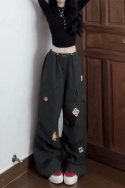 American Vintage Embroidered Cargo Pants for Women - Military Green, Loose-Fitting Straight-Leg Wide-Leg for Street Dance & Jazz Dance