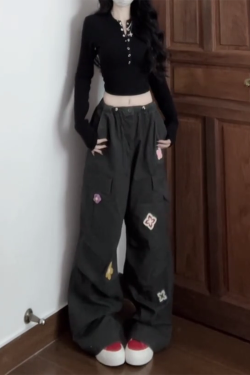 American Vintage Embroidered Cargo Pants for Women - Military Green, Loose-Fitting Straight-Leg Wide-Leg for Street Dance & Jazz Dance