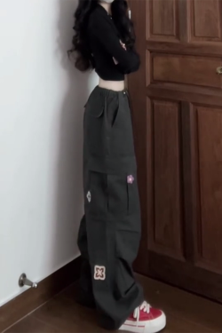 American Vintage Embroidered Cargo Pants for Women - Military Green, Loose-Fitting Straight-Leg Wide-Leg for Street Dance & Jazz Dance