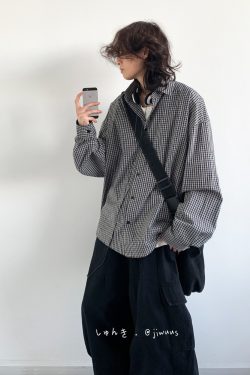 American Vintage Fine Check Long Sleeve Shirt - Unisex Casual Plaid Jacket for Spring and Autumn, Lazy Style Couple's Fashion