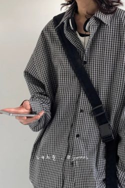 American Vintage Fine Check Long Sleeve Shirt - Unisex Casual Plaid Jacket for Spring and Autumn, Lazy Style Couple's Fashion