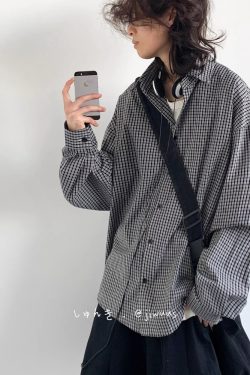 American Vintage Fine Check Long Sleeve Shirt - Unisex Casual Plaid Jacket for Spring and Autumn, Lazy Style Couple's Fashion