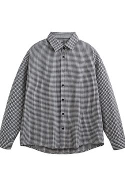 American Vintage Fine Check Long Sleeve Shirt - Unisex Casual Plaid Jacket for Spring and Autumn, Lazy Style Couple's Fashion