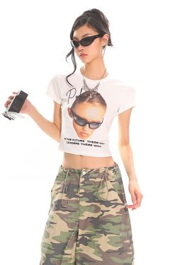 American Vintage Portrait Print Short Sleeve T-Shirt for Women - Slim Fit Summer Top, Y2K Style, Hot Girl Fashion