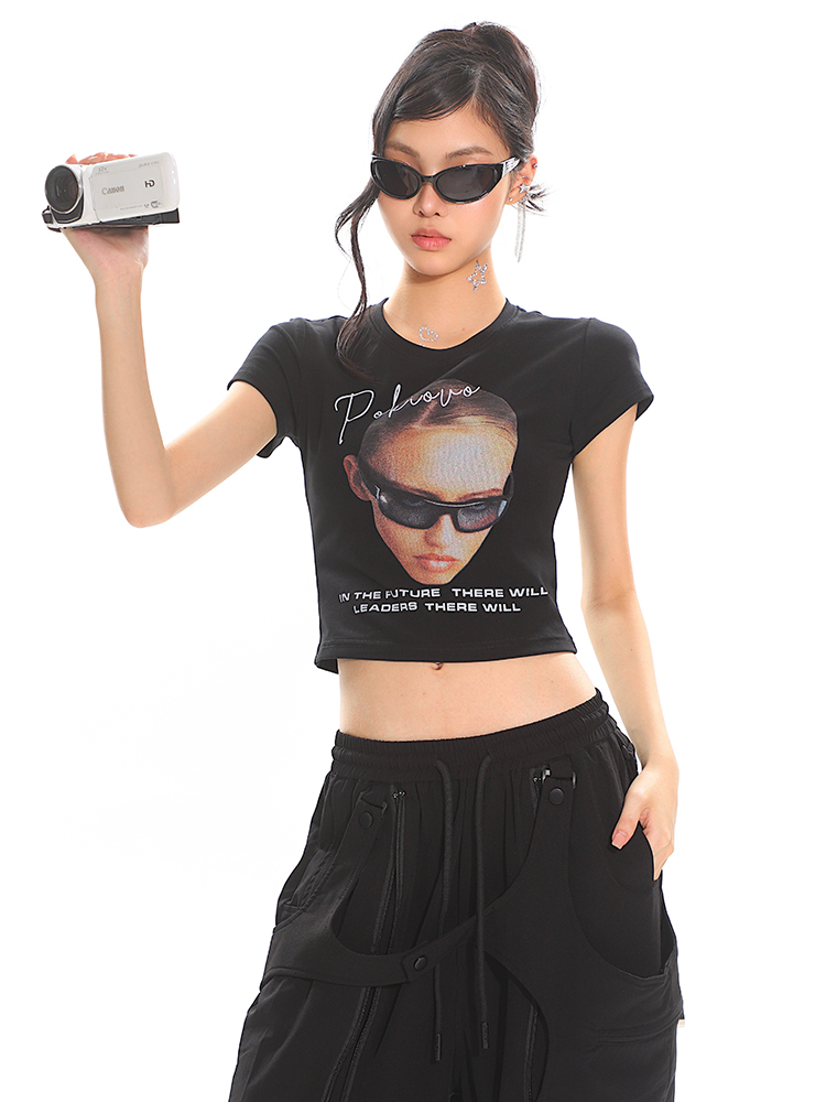 American Vintage Portrait Print Short Sleeve T-Shirt for Women - Slim Fit Summer Top, Y2K Style, Hot Girl Fashion American Vintage Portrait Print Short Sleeve T-Shirt for Women - Slim Fit Summer Top, Y2K Style, Hot Girl Fashion
