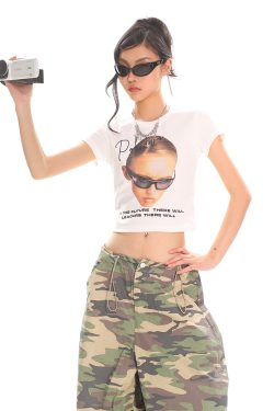 American Vintage Portrait Print Short Sleeve T-Shirt for Women - Slim Fit Summer Top, Y2K Style, Hot Girl Fashion