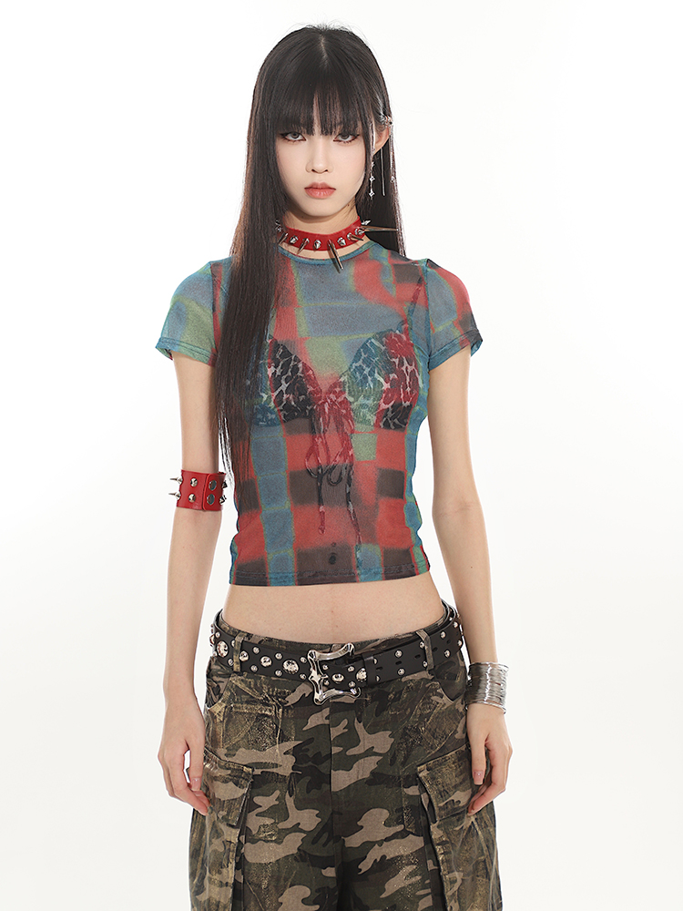 American Vintage Printed Mesh Sheer Short Sleeve Top for Women - Sexy Tight Fit, Summer Fashion, Y2K Style American Vintage Printed Mesh Sheer Short Sleeve Top for Women - Sexy Tight Fit, Summer Fashion, Y2K Style