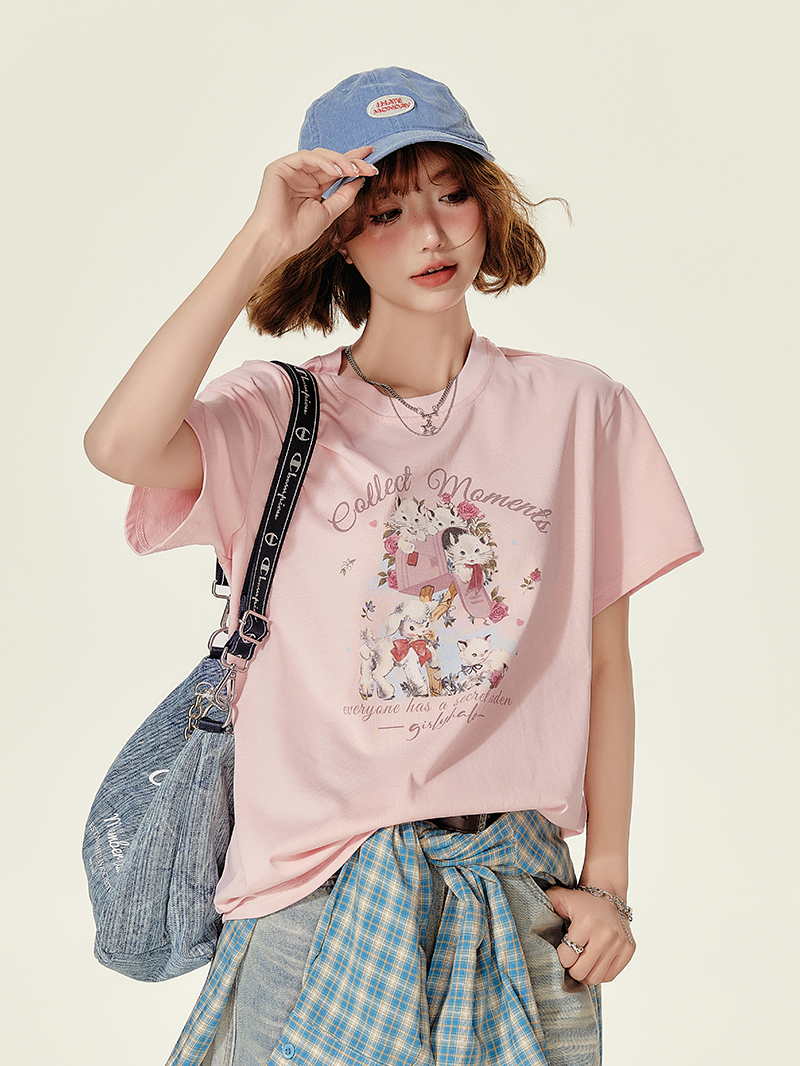 Animal Cartoon Print Round Neck Short Sleeve T-Shirt for Women - Summer Loose Slim Fit Top Animal Cartoon Print Round Neck Short Sleeve T-Shirt for Women - Summer Loose Slim Fit Top