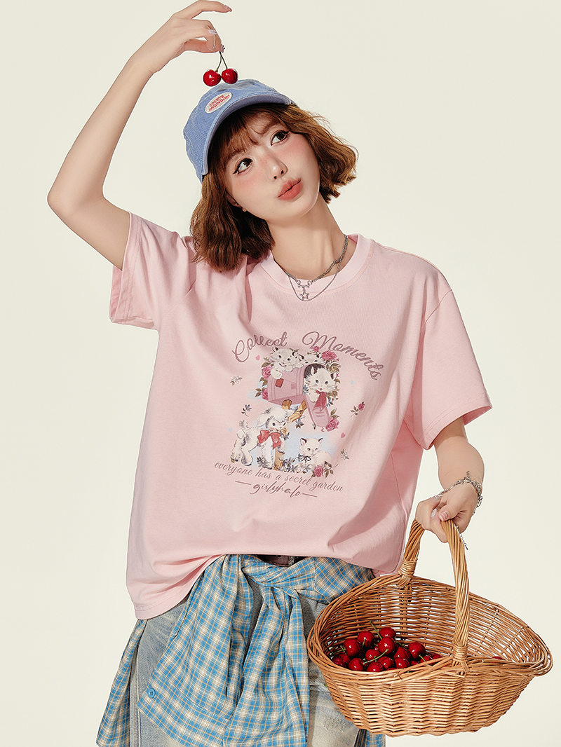Animal Cartoon Print Round Neck Short Sleeve T-Shirt for Women - Summer Loose Slim Fit Top Animal Cartoon Print Round Neck Short Sleeve T-Shirt for Women - Summer Loose Slim Fit Top