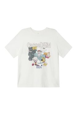 Animal Party Printed Short Sleeve T-shirt for Women, Spring 2025 Loose Fit, Casual Tee, Fun Graphic Top, Y2K Style Fashion.