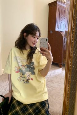 Animal Party Printed Short Sleeve T-shirt for Women, Spring 2025 Loose Fit, Casual Tee, Fun Graphic Top, Y2K Style Fashion.