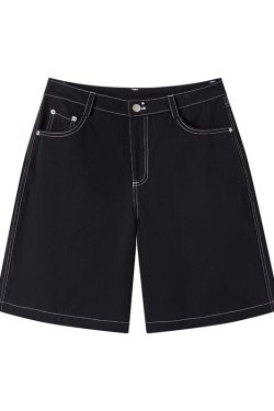 Anime-Style Black Loose Straight Low-Waist Five-Point Shorts for Casual Streetwear, Y2K Aesthetic