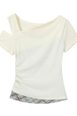 Apricot Faux Two-Piece Off-Shoulder Short Sleeve T-Shirt for Women - Summer Slim Waist Irregular Top, Y2K Style Fashion