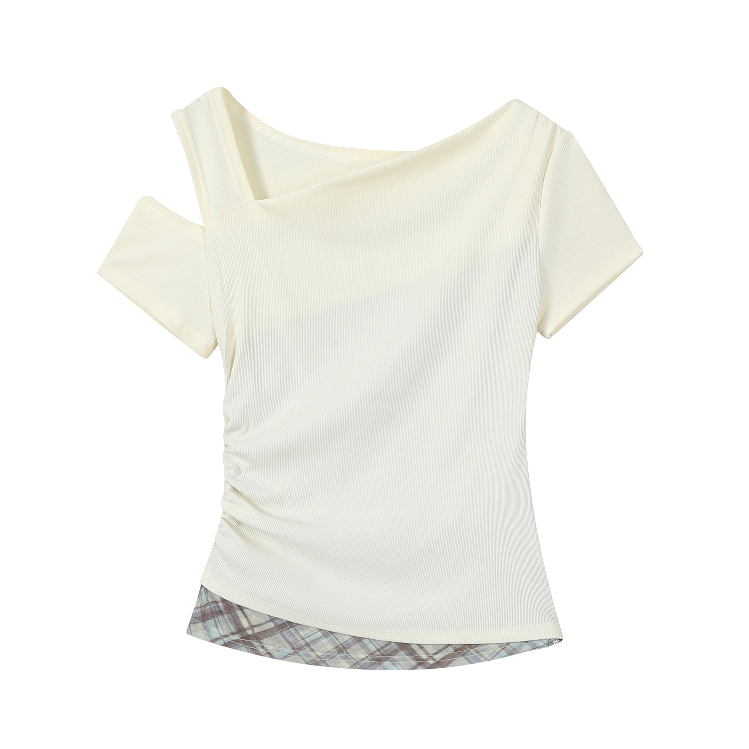 Apricot Faux Two-Piece Off-Shoulder Short Sleeve T-Shirt for Women - Summer Slim Waist Irregular Top, Y2K Style Fashion Apricot Faux Two-Piece Off-Shoulder Short Sleeve T-Shirt for Women - Summer Slim Waist Irregular Top, Y2K Style Fashion