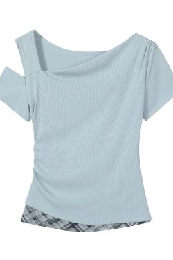 Apricot Faux Two-Piece Off-Shoulder Short Sleeve T-Shirt for Women - Summer Slim Waist Irregular Top, Y2K Style Fashion