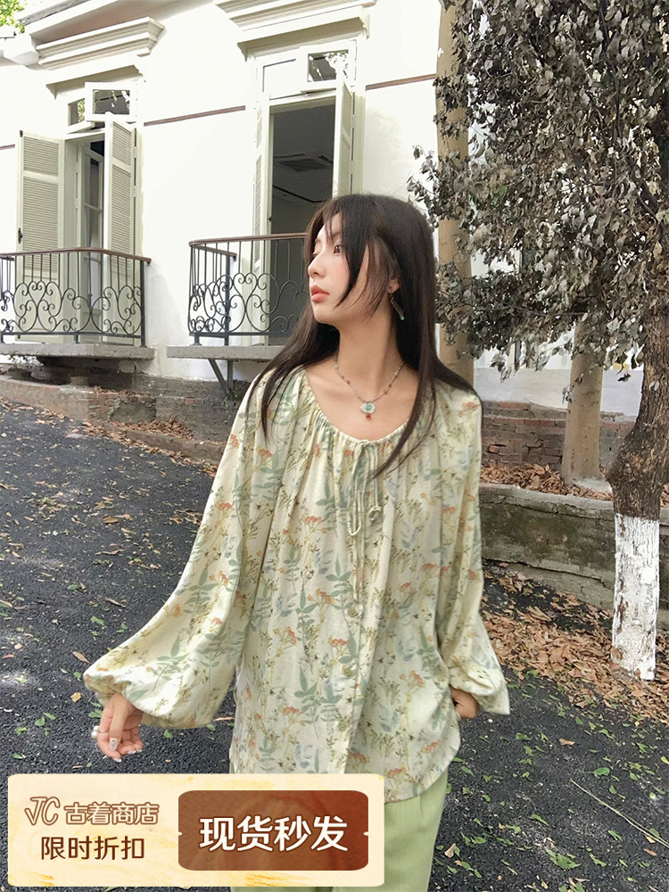 Apricot Retro Linen Shirt for Women - Spring Loose Lantern Sleeve Top in Forest Style, Vintage Herb Rosemary Design Apricot Retro Linen Shirt for Women - Spring Loose Lantern Sleeve Top in Forest Style, Vintage Herb Rosemary Design