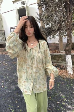 Apricot Retro Linen Shirt for Women - Spring Loose Lantern Sleeve Top in Forest Style, Vintage Herb Rosemary Design