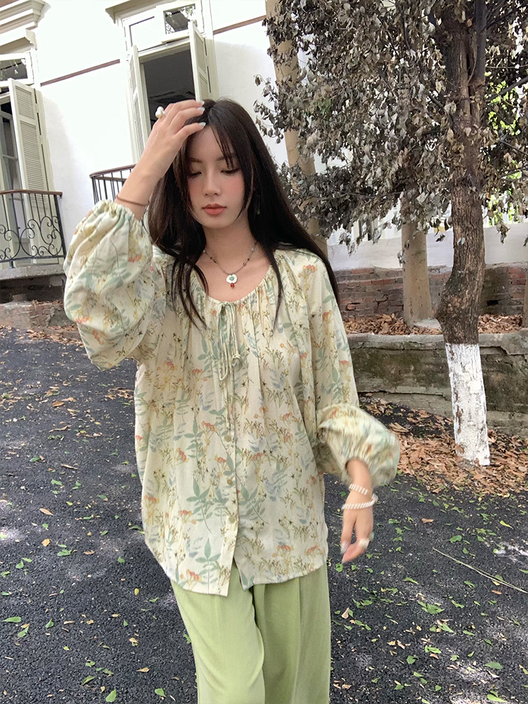 Apricot Retro Linen Shirt for Women - Spring Loose Lantern Sleeve Top in Forest Style, Vintage Herb Rosemary Design Apricot Retro Linen Shirt for Women - Spring Loose Lantern Sleeve Top in Forest Style, Vintage Herb Rosemary Design