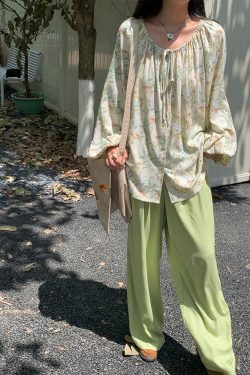 Apricot Retro Linen Shirt for Women - Spring Loose Lantern Sleeve Top in Forest Style, Vintage Herb Rosemary Design