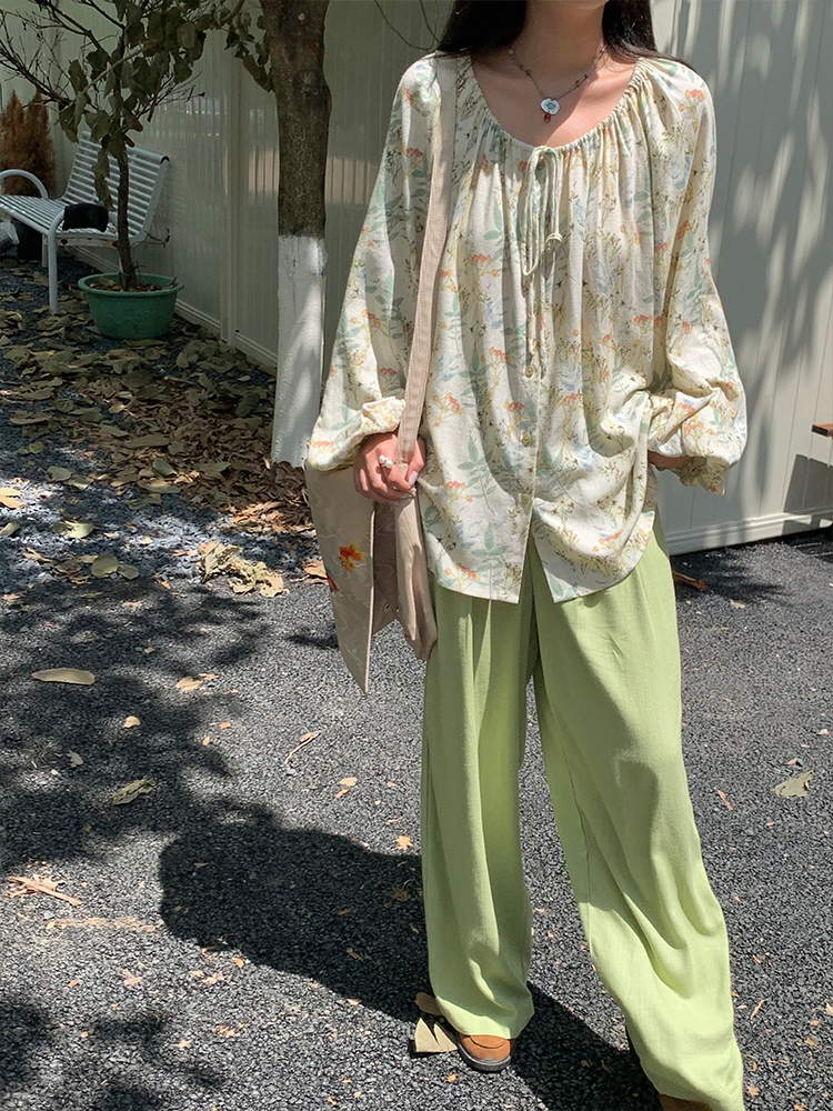 Apricot Retro Linen Shirt for Women - Spring Loose Lantern Sleeve Top in Forest Style, Vintage Herb Rosemary Design Apricot Retro Linen Shirt for Women - Spring Loose Lantern Sleeve Top in Forest Style, Vintage Herb Rosemary Design